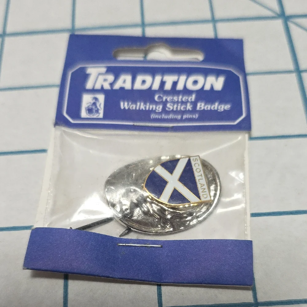 Tradition Silver and Blue Scotland Crested Walking Stick Badge NIP w/pinsVintage